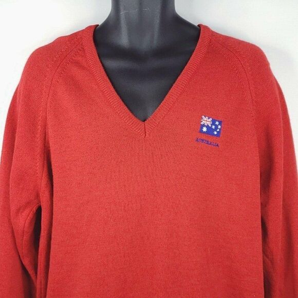 Vintage Wool V-Neck Sweater Red Australia Australian Flag Embroidered XL - Picture 1 of 5